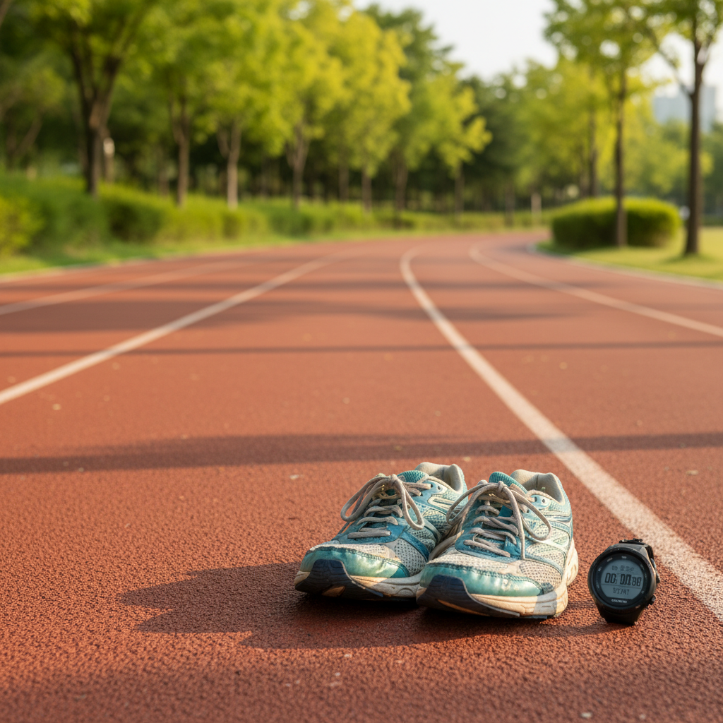 A pair of well-worn, cushioned running shoes and a digital sports watch neatly placed on the edge of a smooth track lane, symbolizing the beginning of a slow running journey. The track curves gently through a tree-lined section of Anyang Pyeongchon’s central park, with lush greenery softly blurred in the background. Early morning light casts a gentle golden glow, creating long, calm shadows and a peaceful, inviting mood. Photographic realism with a clean, professional aesthetic, shot at eye level with shallow depth of field, emphasizing the shoes in crisp focus while the track and park recede into a soft bokeh that evokes relaxed, sustainable running rather than intense competition.