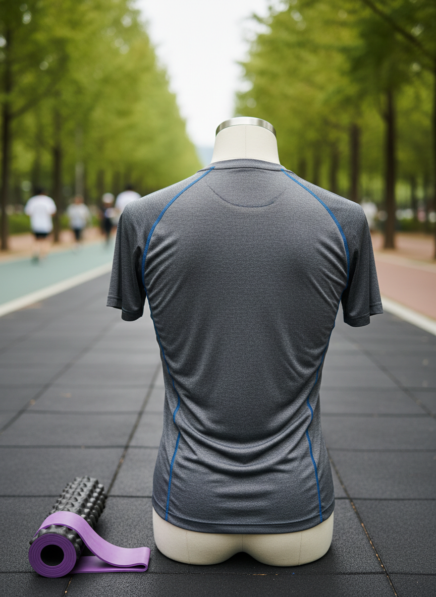 A close-up of powerful, defined back muscles suggested through the contours of a technical running shirt draped over an anatomically accurate training mannequin, positioned in an outdoor exercise zone near a tree-lined path in Pyeongchon Central Park. Next to the mannequin, a sturdy resistance band and a foam roller rest on a flat rubber mat, hinting at posture correction and posterior chain strengthening. Soft overcast daylight provides even, diffused illumination, minimizing harsh shadows and creating a calm, instructional atmosphere. Shot from a slightly elevated angle in photographic realism, the composition follows the rule of thirds, with park trees and a distant jogging path gently blurred, reinforcing a professional, educational mood focused on safe, healthy running form.