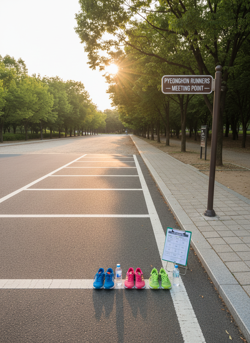 A serene, wide-angle photographic scene of a clearly marked meeting spot at Pyeongchon Central Park public parking area, with a neat row of empty parking spaces, a tidy sidewalk, and a visible park entrance path leading into tree-filled greenery. On the sidewalk, several pairs of colorful running shoes, neatly arranged water bottles, and a printed training plan clipped to a small portable board suggest an upcoming slow running session without showing people. Late afternoon golden-hour light bathes the scene, creating warm highlights on the pavement and gentle shadows from nearby trees. The mood is welcoming and non-intimidating, emphasizing openness and community. Captured at eye level with sharp focus throughout, in a clean, realistic style suited for a professional running crew blog.