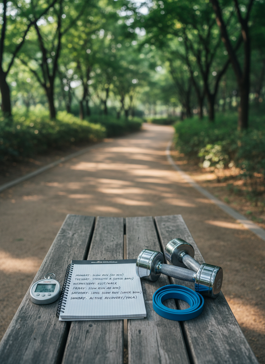 A carefully laid-out weekly slow running and strength routine displayed through objects on a simple wooden bench beside a quiet park path. A spiral-bound notebook open to a clean, handwritten schedule is accompanied by a stopwatch, a pair of light dumbbells, and a medium-resistance exercise band, all arranged with thoughtful precision. The path gently curves into a leafy area of Pyeongchon, with soft greenery blurred behind. Early morning, slightly cool light filters through the trees, creating delicate highlights on the metal of the dumbbells and subtle shadows on the paper. Photographic realism with a tidy, minimalist composition, shot from a slightly elevated angle, conveys an organized, professional yet approachable mood focused on gradual progress and injury prevention.