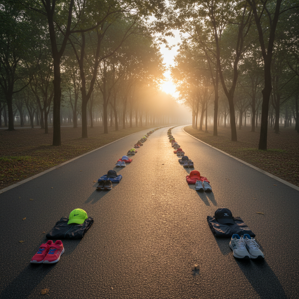 A tranquil early-morning panoramic view of a wide park path in Anyang Pyeongchon, captured just as soft mist lingers above the ground. Along the path, evenly spaced pairs of running shoes, caps, and neatly folded lightweight jackets are placed at regular intervals, visually representing different ages and fitness levels through varied sizes and styles, yet all calm and understated. The rising sun casts a gentle golden light through tall trees, creating long, soft shadows and a peaceful, hopeful mood. Photographic realism with a low, slightly tilted angle emphasizes depth and draws the eye along the path, suggesting a welcoming, non-competitive group slow running route that invites anyone to join at their own pace.