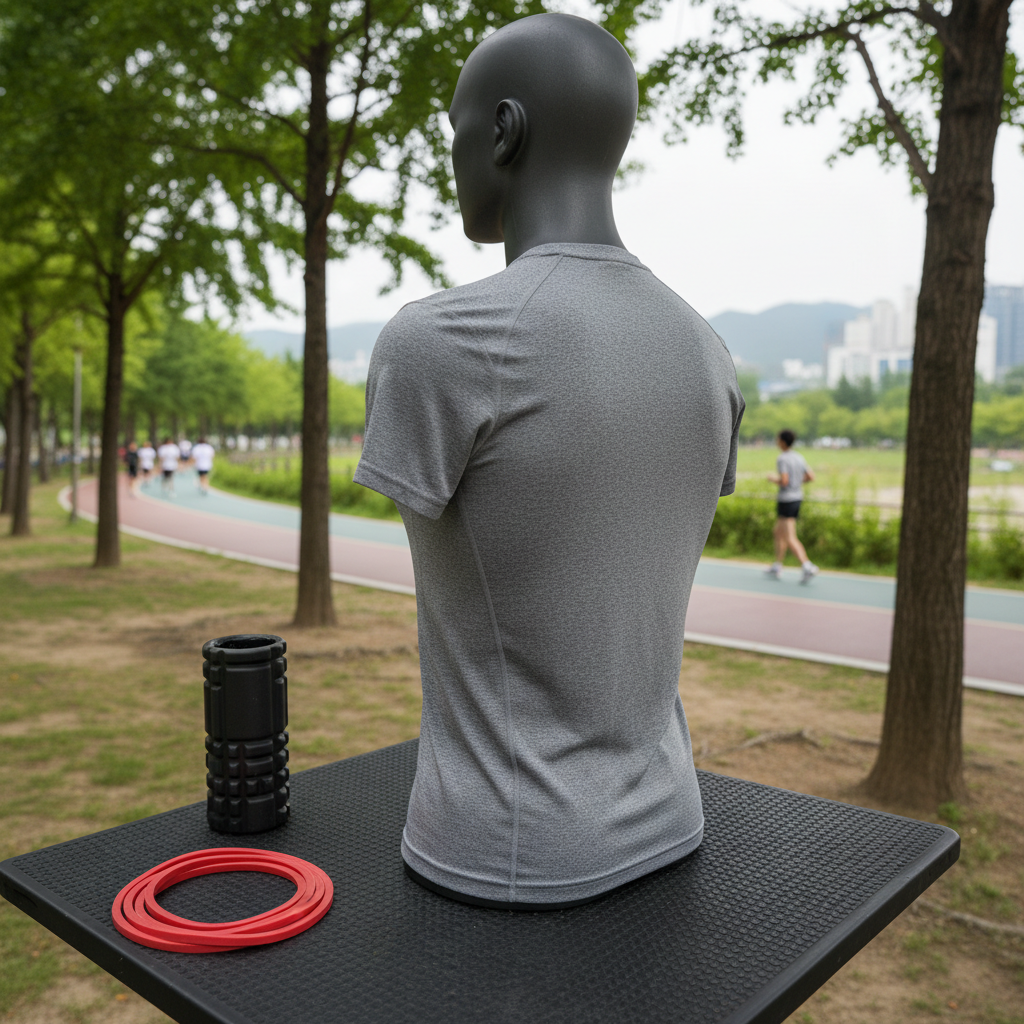 A close-up of powerful, defined back muscles suggested through the contours of a technical running shirt draped over an anatomically accurate training mannequin, positioned in an outdoor exercise zone near a tree-lined path in Pyeongchon Central Park. Next to the mannequin, a sturdy resistance band and a foam roller rest on a flat rubber mat, hinting at posture correction and posterior chain strengthening. Soft overcast daylight provides even, diffused illumination, minimizing harsh shadows and creating a calm, instructional atmosphere. Shot from a slightly elevated angle in photographic realism, the composition follows the rule of thirds, with park trees and a distant jogging path gently blurred, reinforcing a professional, educational mood focused on safe, healthy running form.