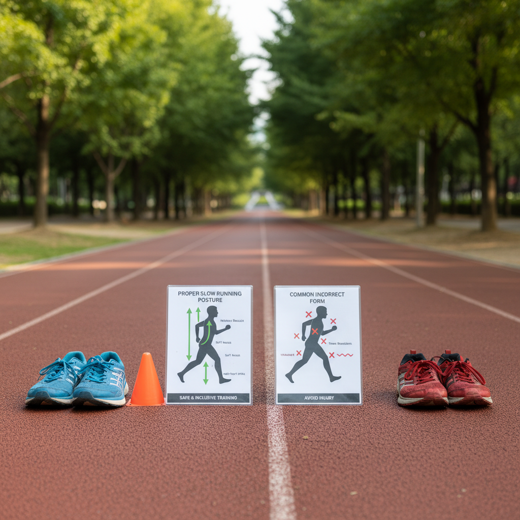 A side-by-side comparison scene on a flat, rubberized surface: on the left, a pair of running shoes aligned next to a small cone and a printed diagram of a proper slow running posture; on the right, another pair of shoes and a diagram indicating common incorrect form, with arrows and marks emphasizing differences. Behind the objects, a quiet straight path in Pyeongchon Central Park extends into a softly blurred canopy of trees. Soft, diffused afternoon light ensures clear visibility of every detail without harsh contrast. The photographic, professional composition uses a centered, overhead angle and sharp focus, creating an educational, clinic-like atmosphere that emphasizes posture correction, safe technique, and inclusive, non-aggressive training philosophy.